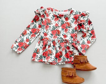 READY to SHIP: 2/3 Holiday Rose Peplum, Long Sleeves / Optional Flutter Sleeve / Christmas Floral / Girl's Christmas Outfit / Girls Peplum