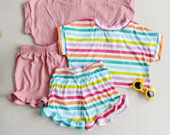 Ribbed Set: Boxy Tee & Ruffle Shorts Set, Girls Clothing Set, Kid Clothes, Rib Knit, Summer Set / Kid Set, 2 Piece Outfit, Girls Set, 0-9/10