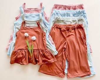 Solid Rib Sets / 6 Colors / Cami Peplum & Wide Leg Pants Sets / Girls Clothing Set / Kids Set / Baby Clothing Set / Spring Clothes / 0-7