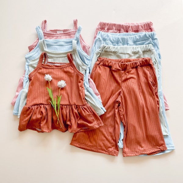 Solid Rib Sets / 6 Colors / Cami Peplum & Wide Leg Pants Sets / Girls Clothing Set / Kids Set / Baby Clothing Set / Spring Clothes / 0-7