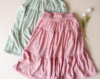 Floral Pointelle Midi Skort: 2 Colors, Girls Skort, Tiered Skirt, Attached Shorts, Girls Skirt, Boho Outfit, Floral Skirt, Mommy & Me, 0-9