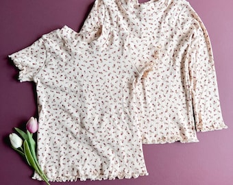 Rosebud Pointelle Mockneck Top: Regular or Lettuce Hem, Floral Shirt, Floral Pointelle Top, 100% Cotton Shirt, Girls Clothes, 0/3m-9/10