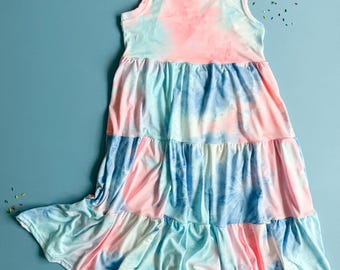 Cotton Candy Tie Dye Tiered Dress:  Tie Dye Outfit, Girls Dress, Kids Clothes, Girl Summer Dress, DBP Dress, Pastel Dress, NB-9/10