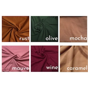 May include: A grid of six fabric swatches in various colors, each labeled with white text. The colors include rust, olive, mocha, mauve, wine, and caramel. Each swatch shows a gathered, textured surface with visible folds and soft fabric draping.