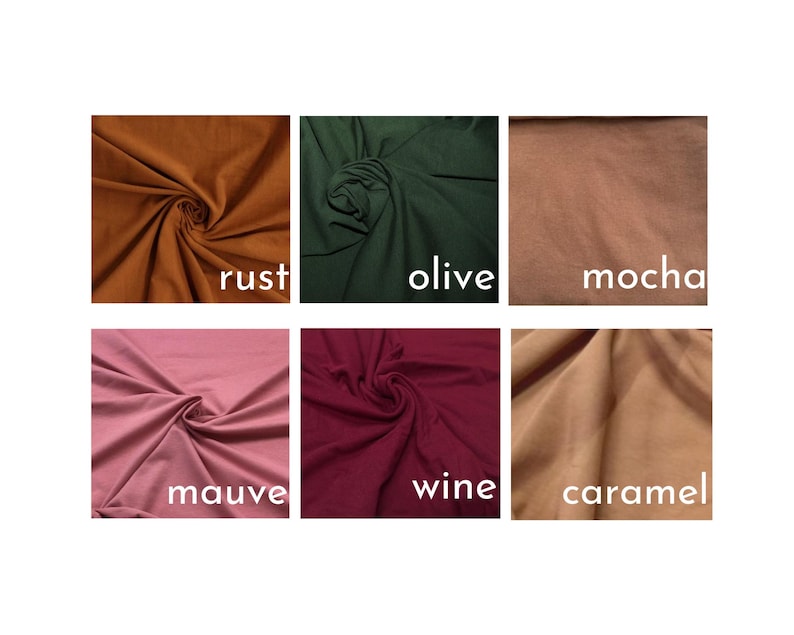 May include: A grid of six fabric swatches in various colors, each labeled with white text. The colors include rust, olive, mocha, mauve, wine, and caramel. Each swatch shows a gathered, textured surface with visible folds and soft fabric draping.