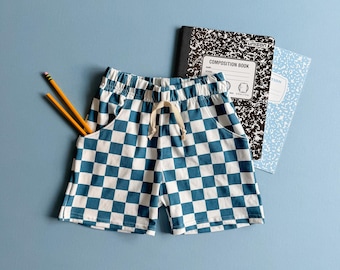 Teal Check Pocket Shorts: Kids Shorts, Checker, Back to School Clothes, Kids Clothes, Children Clothes, Check Pants, Organic Clothes, 0-9/10