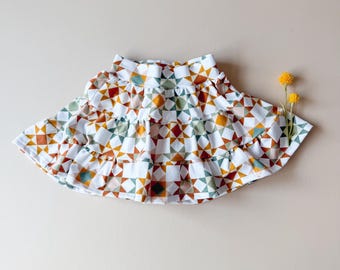Patchwork Tiered Mini Skort: Girls Skort, Quilt Print, Patchwork Skirt, Attached Shorts, Girls Skirt, Kid Clothes, Toddler Skirt, Size 0-9