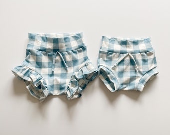 Dusty Blue Plaid Shorties / Classic or Ruffle Shorties / Girls Shorties / Girls Bummies / Girls Shorts / Baby Bummies / Kids Clothes / 0-5