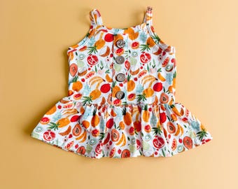 Fruit Cocktail Button Cami Peplum: Girls Shirt, Girls Peplum, Cami Strap, Kids Clothes, Fruit Shirt, Summer Shirt, Girls Tank, NB-9/10