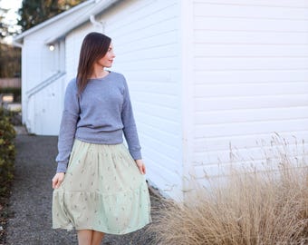 Women's Sage Pointelle Floral Midi Skirt: Attached Shorts, Women's Skort, Tiered Skirt, Womens Skirt, Boho Outfit, Spring Clothes, XXS-XL