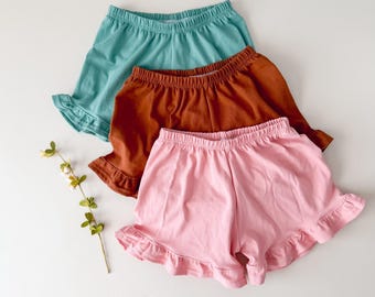 Solid Ruffle Shorts: Solid Girls Shorts, Summer Clothes, Ruffle Hem, Kid & Baby Shorts, Solid Shorts for Girls, Knit Shorts, 0-9/10