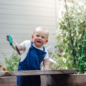 May include: A toddler wearing a white short-sleeved bodysuit and navy blue overalls, holding a small green-handled garden trowel with a metal blade. The child stands barefoot on gravel next to a wooden garden bed with green plants.