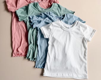 Ribbed Top: Multiple Colors, Regular or Lettuce Hem, Short Sleeve Top, Rib Knit Top, Lettuce Hem Tee, Girls Rib Shirt, Solid Top, 0-9/10