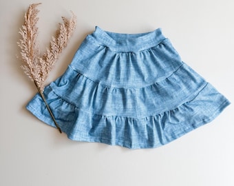 Faux Denim Tiered Skirt: Girls Skort, Mini or Midi Length, Attached Shorts, Girl Knit Skirt, Denim Skirt, Girl Clothes, Play Clothes, 0-9/10