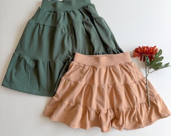 Solid Tiered Mini or Midi Skort: Solid Skirt, Attached Shorts, Girls Skort, Girls Skirt, Girls Clothes, Fall Outfit, Knit Skirt, 0/3m-9/10
