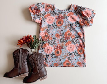 Prairie Blooms Puff Sleeve Top: Short or Long Sleeves, Floral Shirt, Fall Top, Western Shirt, Girls Clothes, Layering, Vintage Shirt, 0-9/10