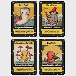 Four illustrated oracle cards displayed in a grid on a light background. Each card features a whimsical cartoon character with a title and short message. The cards include a sock character, a sloth wizard, an octopus holding umbrellas, and a small octopus playing a violin, all designed in a playful, colorful, hand-drawn style with black borders and star accents.