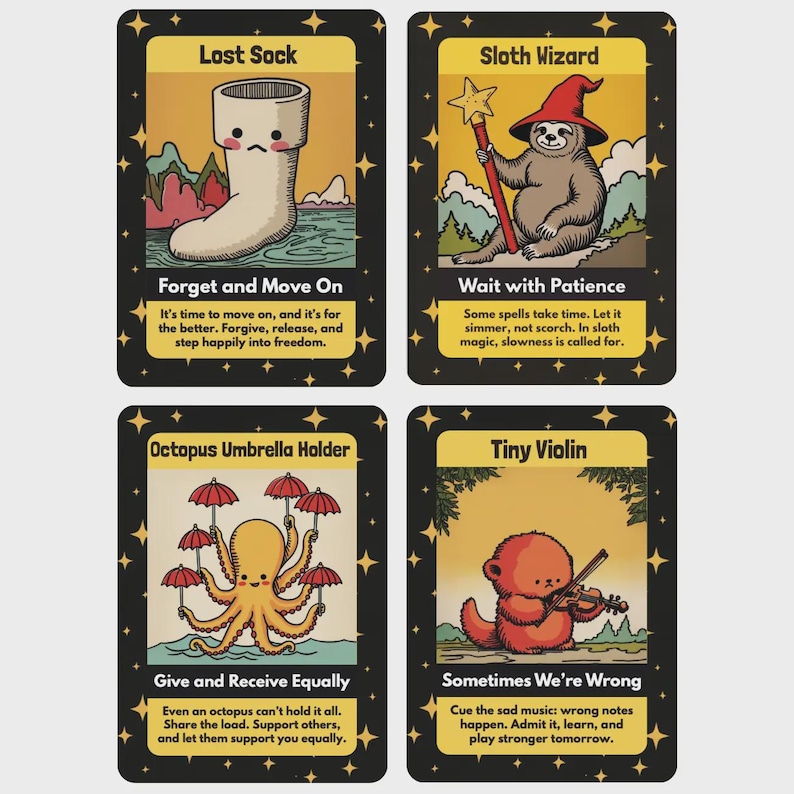 Four illustrated oracle cards displayed in a grid on a light background. Each card features a whimsical cartoon character with a title and short message. The cards include a sock character, a sloth wizard, an octopus holding umbrellas, and a small octopus playing a violin, all designed in a playful, colorful, hand-drawn style with black borders and star accents.