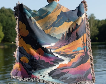 Mandala Mountain and Moon Woven Blanket Boho Wall Tapestry