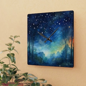 May include: A square clock with a watercolor design of a night sky with stars and a forest. The clock hands are black and the clock face is white.