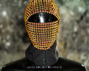 Golden Rainbow  V2. Eyes Open -  Custom Haute Couture face mask - gold multi color studded