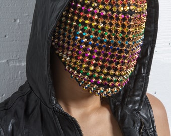 Golden Rainbow -  Custom Haute Couture face mask - gold multi color studded