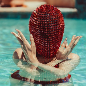 Red Fury - A Full Coverage Handcrafted Haute Couture Red Spike Mask
