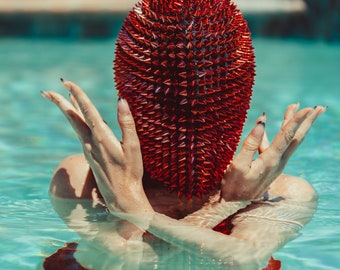 Red Fury - A Full Coverage Handcrafted Haute Couture Red Spike Mask