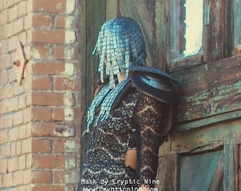 The Gladiator  -  Silver Custom Haute Couture Mask covered in trim Hanging down from Face