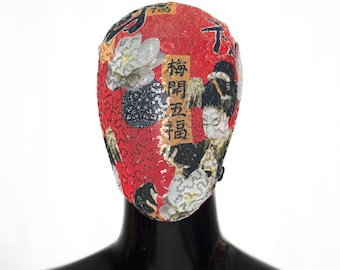 The Lady , Lace Haute Couture Mask with Red, White, Orange Design