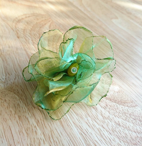 Bright Green Iridescent Organza Fabric Flower Pin With Glass