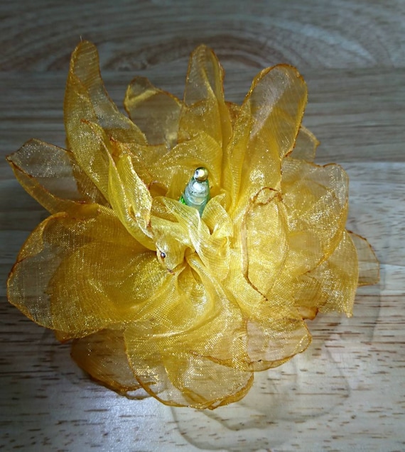 Yellow/orange Organza Fabric Flower Pin With Glass