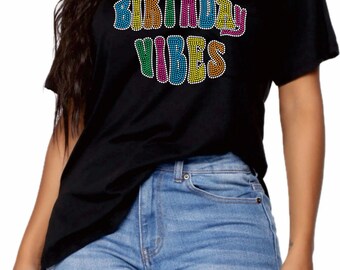 Birthday Vibes Bling Embellished Rhinestone T-shirt