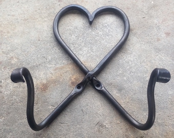 Hand Forged Double Heart Hook, Iron Anniversary Gift, Housewarming Decor