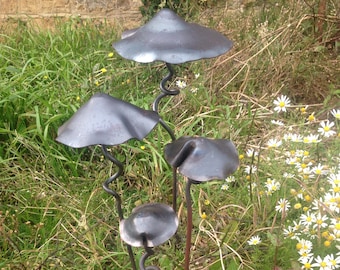 Garden Sculpture, Set of Mushrooms, Fairy Shelters, Blacksmith Made Garden Ornament, One of Each of 4 Sizes, S to XL (4pc)