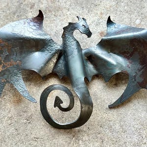 Flying Dragon with Curled Tail Wall Art, Wall Decor, Steel Dragon Garden Art, Fantasy Metal Wall Sculpture