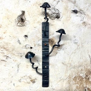 May include: Black metal wall hook shaped like three mushrooms. The hook is mounted on a textured metal plate.