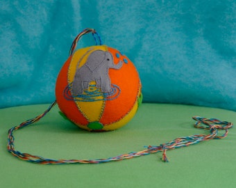 Waldorf Crib Mobile Rattle Ball Toy with a Squirrel, Elephant and a Goat, Handmade from Natural Materials