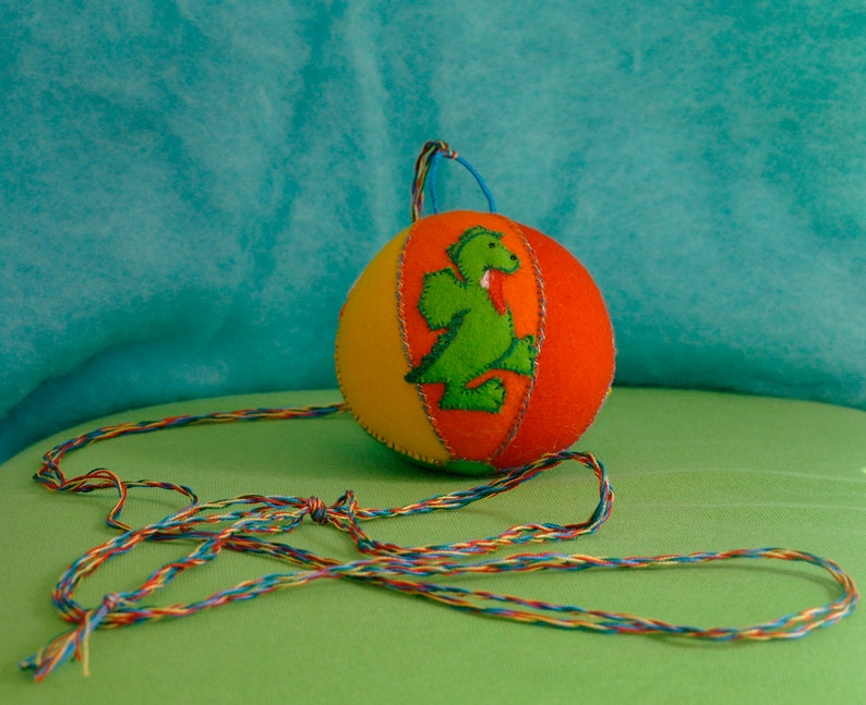 Waldorf Crib Mobile Rattle Ball Toy with a Butterfly, Dragon and a Fox, Handmade from Natural Materials image 2