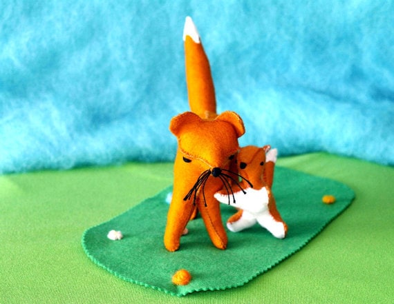 Waldorf Mother and Baby Fox Composition, Handmade From Natural Materials