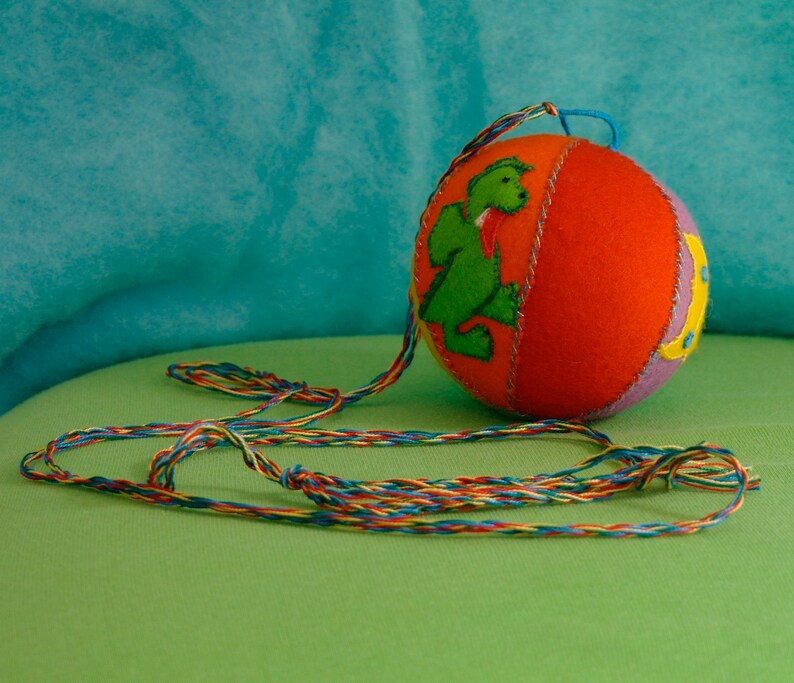 Waldorf Crib Mobile Rattle Ball Toy with a Butterfly, Dragon and a Fox, Handmade from Natural Materials image 4