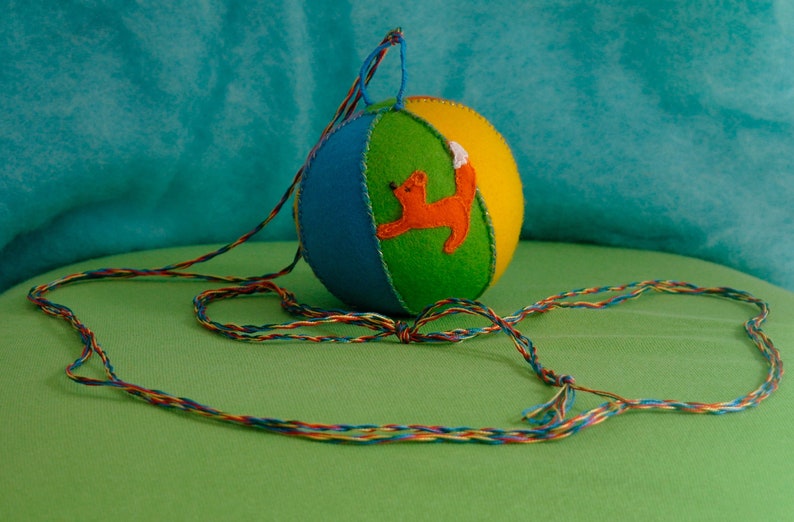 Waldorf Crib Mobile Rattle Ball Toy with a Butterfly, Dragon and a Fox, Handmade from Natural Materials image 1