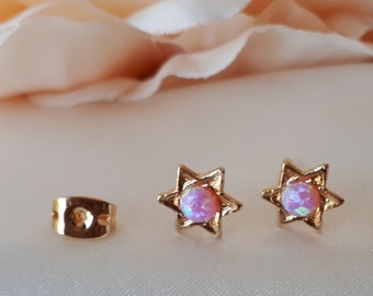 Star Of David Stud Earrings. Gold Star Of David Stud Earrings. Star Of David Tiny Earrings. Stud Stars & Pink Opals. Jewish Earrings.