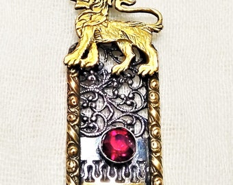 Lion Of Judah Necklace. Silver Filigree. Gold Plated Silver. Garnet. Jewish Jewelry. Israeli Designer.