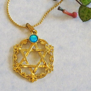 Unique Star Of David Necklace. Solid Gold. Blue Opal. Tribal Gemstone. Jewish Cameo. Israeli Designer.