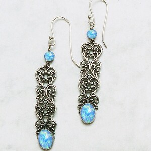 Israeli Earrings. Silver Lace Chandelier Earrings. Blue Opal Earrings. Earrings Made In Israel. Israeli Designer. Israeli Earrings For Her.