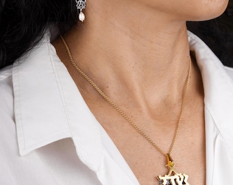 El Shaddai Necklace, 24k Gold Plated Sterling Silver Filigree Pendant, Lapis Lazuli.