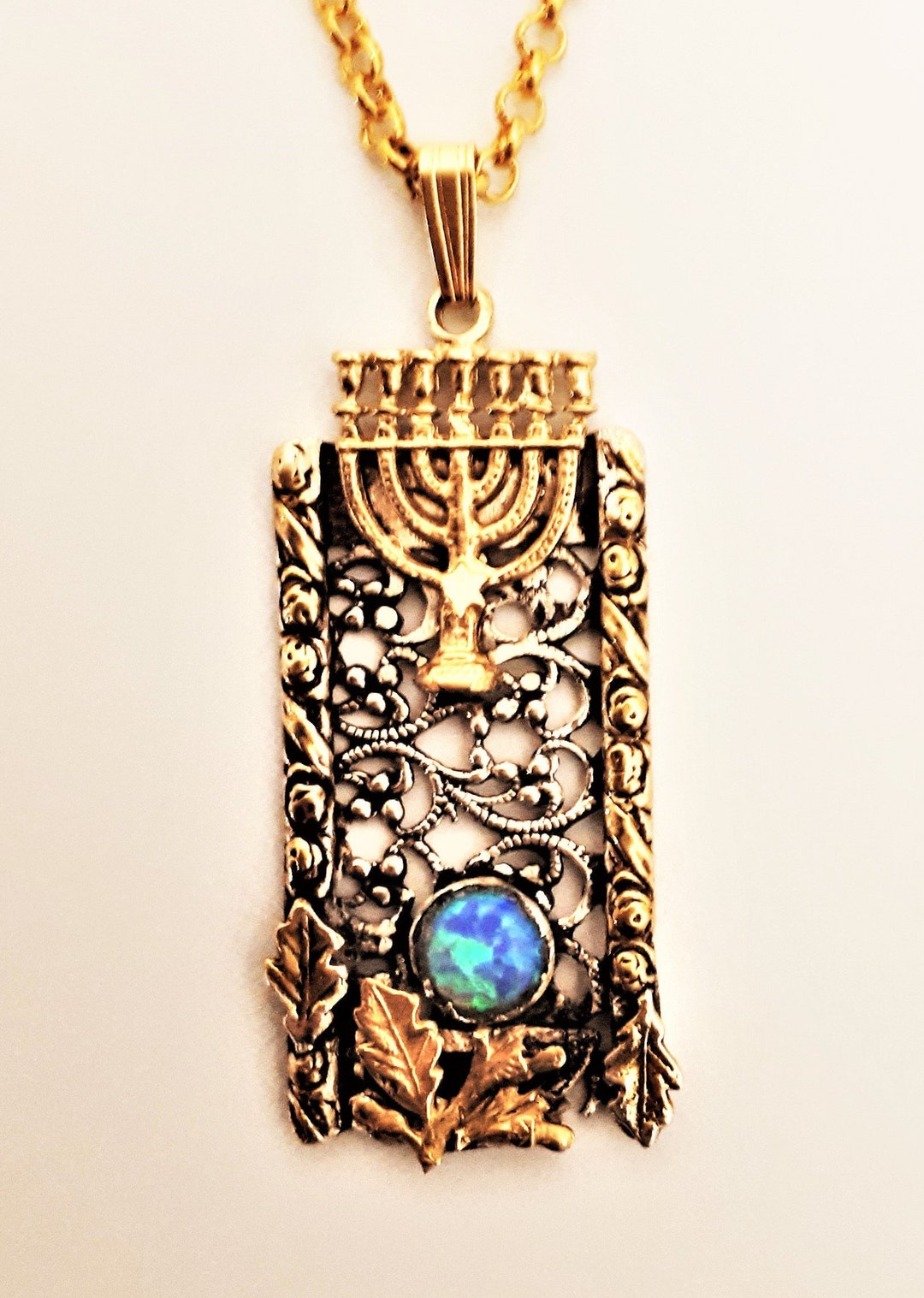 Gold Menorah Necklace. 14k Gold Menorah Pendant. Handmade Menorah