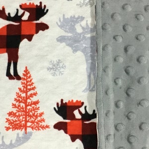 Gray Minky and Red Buffalo Plaid Moose Flannel Baby Blanket - Baby Boy