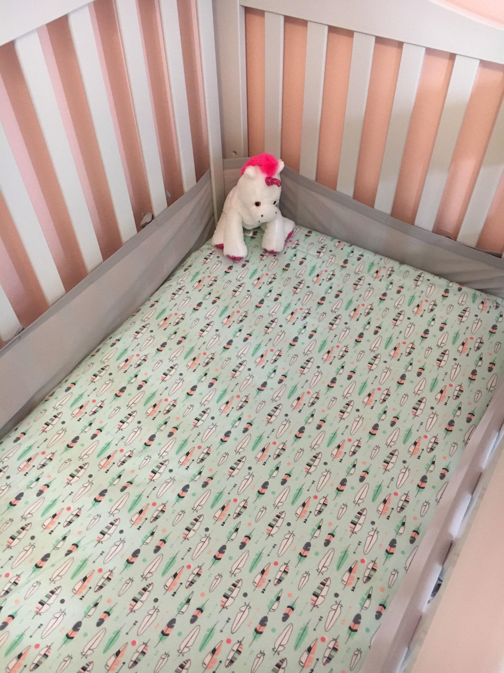 Crib Sheet Fitted Mint With Coral Gray And White Feather Flannel